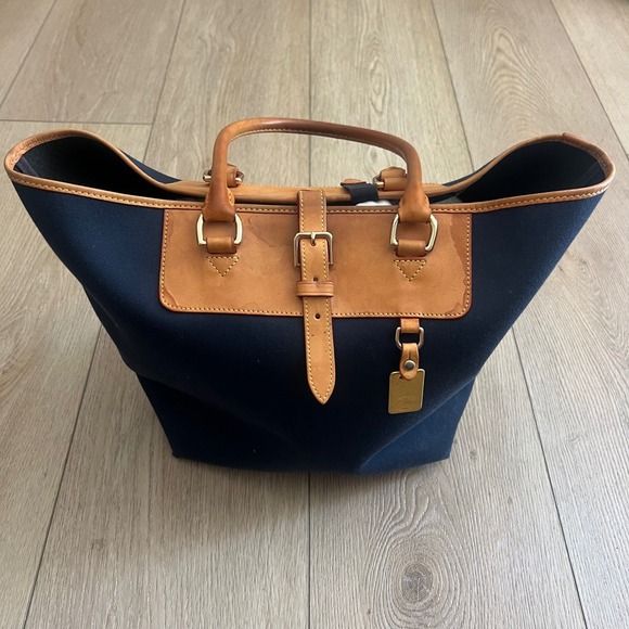 Dooney & Bourke Handbags - Dooney & Bourke Navy Blue Canvas Leather Trim Tote Bag Gold Hardware Shopper